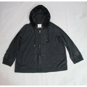 Avenue Hoodie Womens Sz 22/24 Black Embroidered Full Zip Jacket Fur Trim Momcore